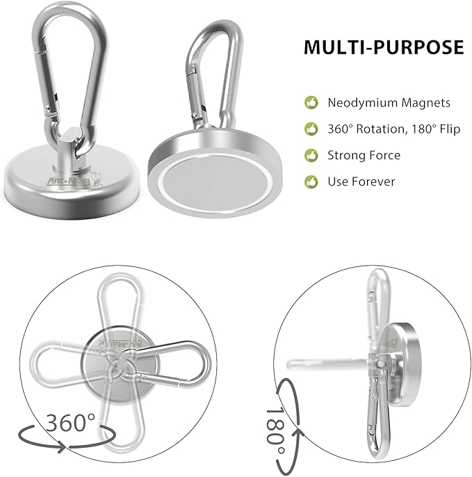 Ant Mag Magnet Hooks Heavy Duty 160LBS Neodymium Magnet with Swivel Carabiner Snap Hook for Indoor/Outdoor Hanging Bag Kitchen Garage Cruise Ship (8 Pack)