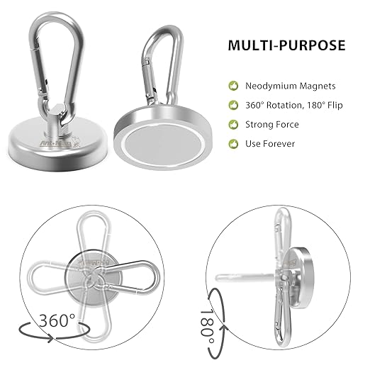 Ant Mag Heavy Duty Neodymium Magnet Hooks with Swiveling Carabiner - 140LBS Pull Force, Indoor/Outdoor Hanging, Kitchen, Garage, Cruise Ship (2 Pack)