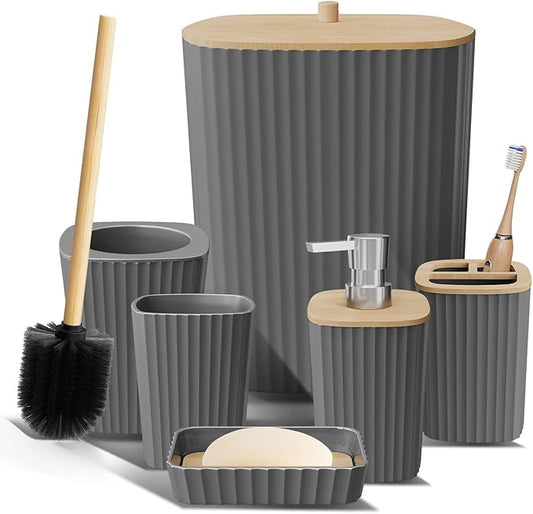 Clara Clark Bathroom Set - Grey Bathroom Accessories Set, 6PC Bathroom Accessory Set, Bathroom Sets with Toilet Brush, Trash Can & Soap Dispenser