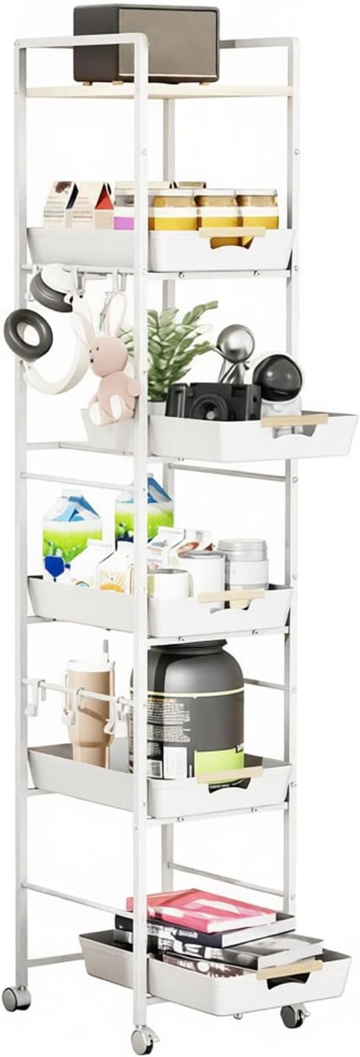 6 Tier Storage Cart with Pull-Out Baskets Rolling Storage Cart with Wheels Wood Top Organizer Rolling Utility Cart for Pantry Laundry Room Bathroom Kitchen White 14.5”D x 13”W x 64.1”H
