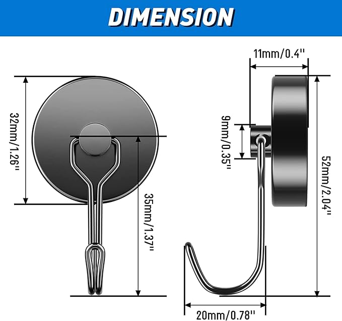 Grtard 110LBS Strong Magnetic Hooks, 6 Pack Swivel Swing Magnetic Hooks Heavy Duty, Black Neodymium Magnet Hooks for Cruise Cabin, Magnets with Hooks for Refrigerator, Grill, Classroom, Garage