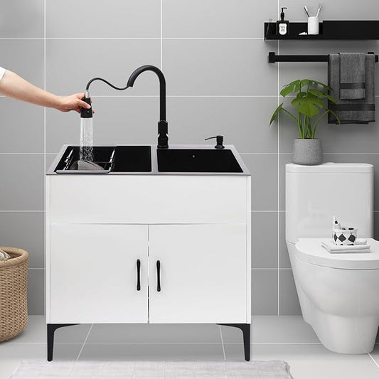 30-Inch Laundry Sink with Cabinet and Pull-Out Sprayer Faucet, Freestanding Kitchen Sink Cabinet with Stainless Steel Sink & Draining Basket, Wash Station Tub for Laundry & Utility Room, Bathroom