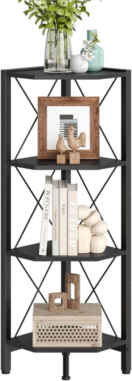 4-Tier Corner Shelf, Corner Bookcase, 43.3" Tall Vertical Display Rack, Plant Stand, Open Storage Shelf, for Living Room, Bedroom, Study, Kitchen, Black TCJ14BB