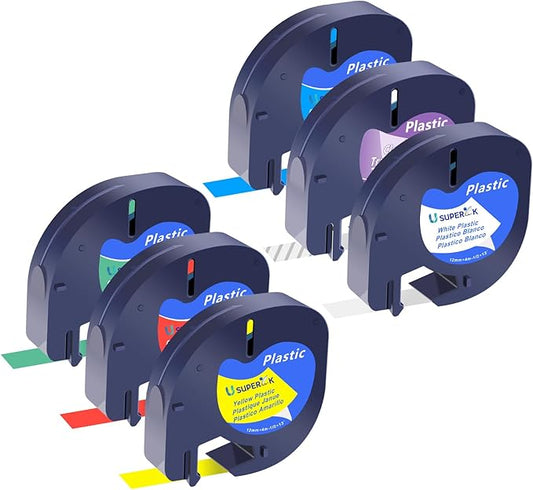 6 Pack Plastic Letra Tag Label Tape Black on Clear/White/Yellow/Red/Green/Blue Compatible for Dymo Label Maker Refills 12mm x 4m for Dymo Letra tag Refills LT100H LT100T 200B QX50