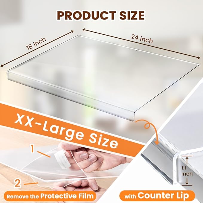 Acrylic Cutting Board with Counter Lip, 24x18 Inch Clear Cutting Boards for Kitchen Counter, Large Cutting Board Non Slip for Countertop Protector, Apartment Essentials Kitchen Decor Gifts
