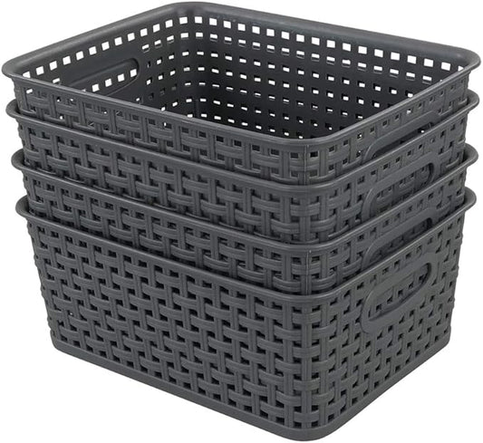 4-Pack Gray Plastic Small Storage Baskets, 10" x 7.7" x 4"