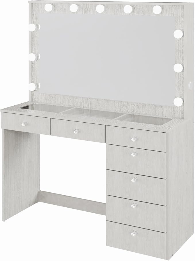Boahaus Serena White Makeup Vanity with Mirror and 11 Lights, 7 Drawers, Glass Top, Crystal Knobs, USB-A & USB-C Ports, 110V Power Outlet, Bedroom Vanity Desk (Grey)