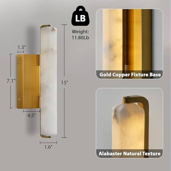 Alabaster Wall Sconces, 15" Brass Alabaster Sconce, Spanish Natural Marble Bathroom Vanity Sconces, Rectangle Modern Sconces Lighting for Bedroom Living Room Staircases Hallway