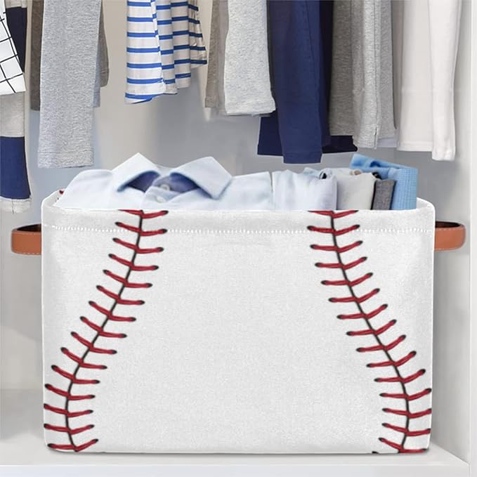 Pardick 2Pack Sports Baseball Print Large Collapsible Storage Bins,Sports Basket Decorative Canvas Fabric Storage Boxes with Handles,Rectangular Shelves Baskets Box for Home Office Nursery Closet