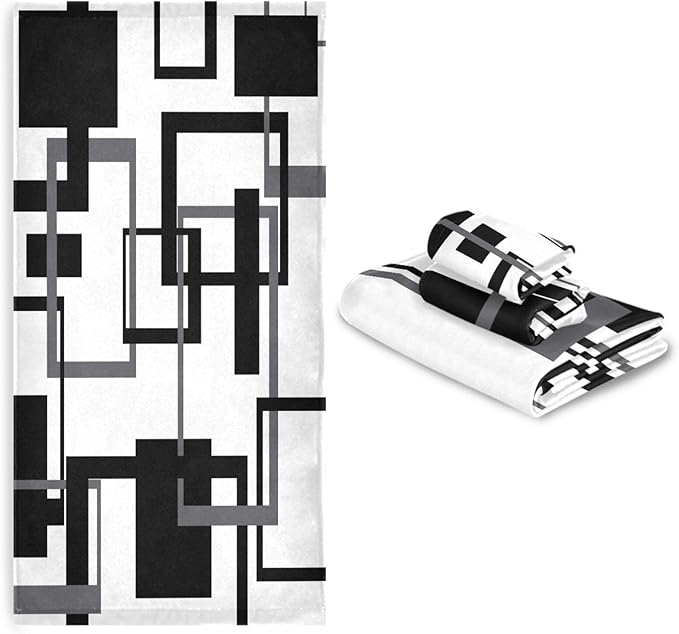 3 Piece Black White Geometric Bath Towels Set,Microfiber Absorbent Abstract Mid Century Gray Towels for Bathroom,1 Bath Towel,1 Hand Towel,1 Washcloth,Modern Decorative Bathroom Towels
