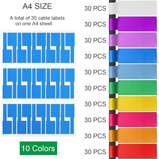 Cable Labels Tags, 300 PCS 10 Colors Cord Labels Wire Labels Waterproof Labeling Wire for Cable Management, Self Adhesive Wire Labels Tags Printable for Laser Printer and Identification