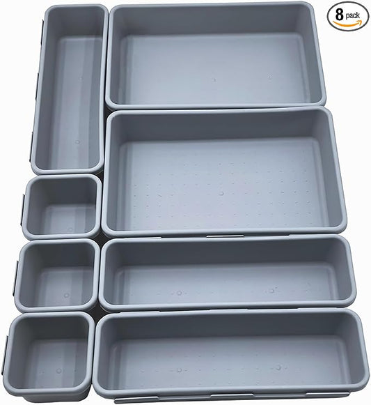U-KIME Desktop Storage Box ,Tabletop Clutter Organizers For Cosmetics, Stationery, Kitchen Utensils, Office Supplies & Small Items(Light gray / 8-Piece set)