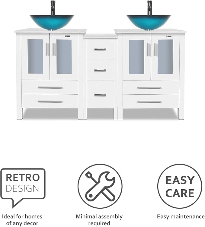 eclife 60" Modern Bathroom Vanity Sink Combo Freestanding Cabinet with Small Side Cabinet, Turquoise Square Glass Vessel Sink, Water Save Faucet, Drain (White+A10)