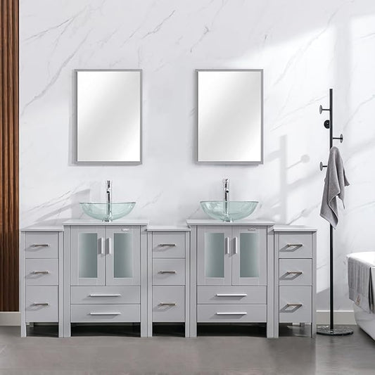 eclife 84" Modern Bathroom Vanity Sink Combo Freestanding Cabinet with Small Side Cabinet, Clear Round Glass Vessel Sink, Water Save Faucet, Drain (Gray+A16)