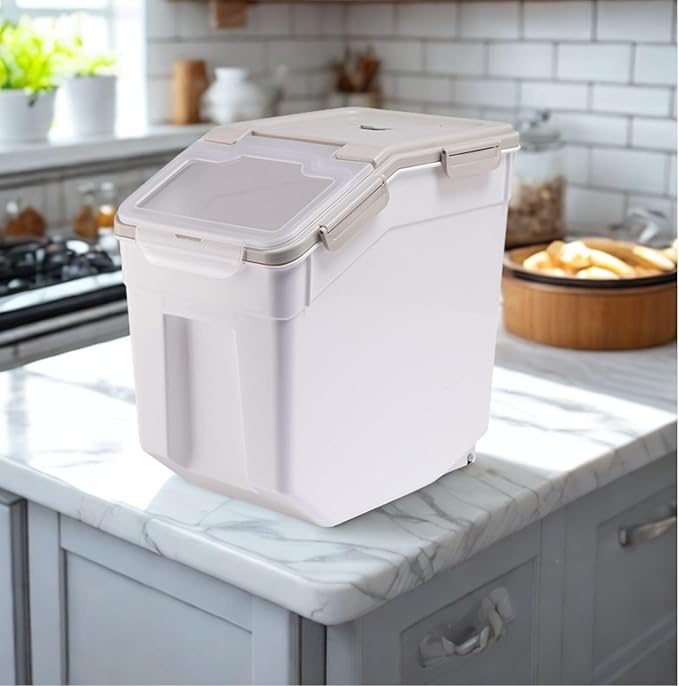 Rice Container 25 lbs Airtight, 4 Packs Flour Storage Containers Bin with Wheels Seal Locking Lid, BPA Free, Measuring Cup & Scoop, Kitchen Organizer Boxes for Grain, Sugar, Beans, Cereal (Grey)