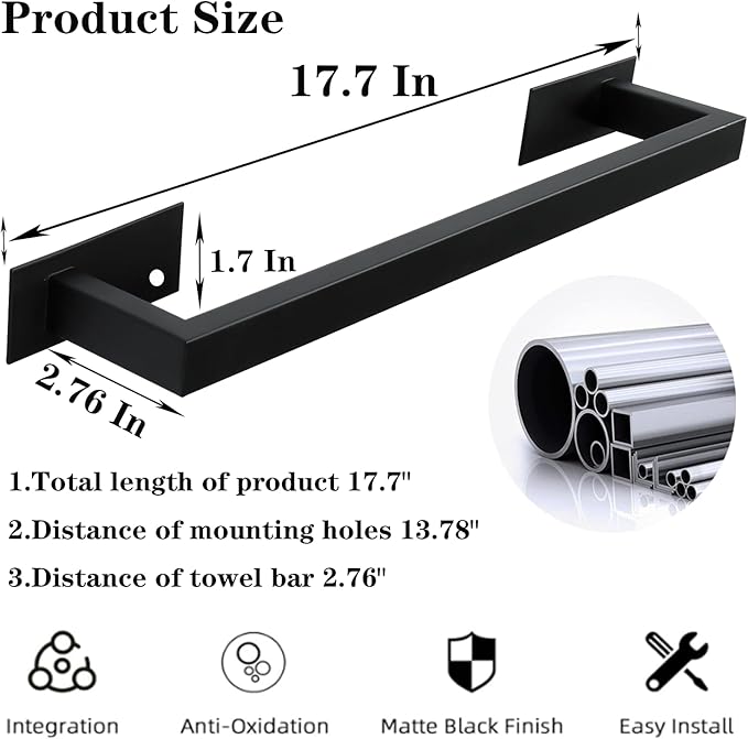Bathroom Towel Bar Self Adhesive, No Drilling Towel Rack Easy to Install, Hand Towel Holder Made of Premium Stainless Steel Sticky on Hand Towel Hanger for Kitchen, Toilet.(17.7IN, Black)