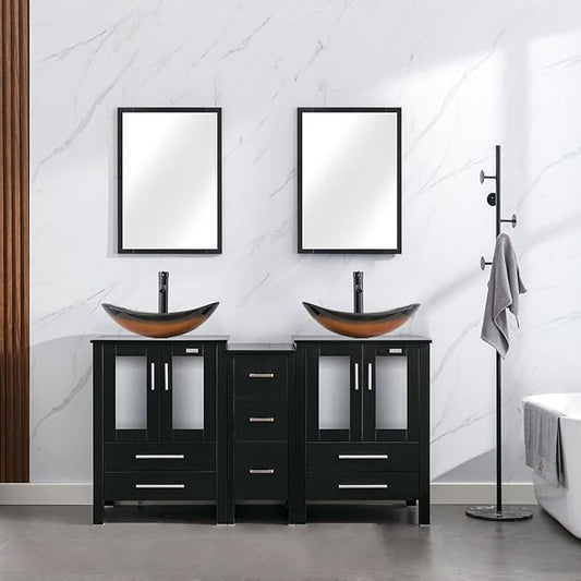 eclife 60" Modern Bathroom Vanity Sink Combo Freestanding Cabinet with Small Side Cabinet, Brown Boat Glass Vessel Sink, Water Save Faucet, Drain (Black+A29BR)