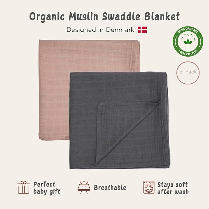 Baby Swaddle – Organic Cotton Muslin Baby Swaddles for Newborns 47” x 47” 2-Pack (Blush/Soft Grey)