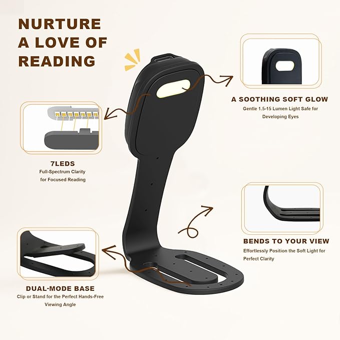 Rechargeable Kids Book Light, Cute Bookmark Reading Light for Kids, Dimmable Portable LED Book Light for Reading in Bed, Eye-Caring Bedtime Reading Lamp for Children & Travel, Black