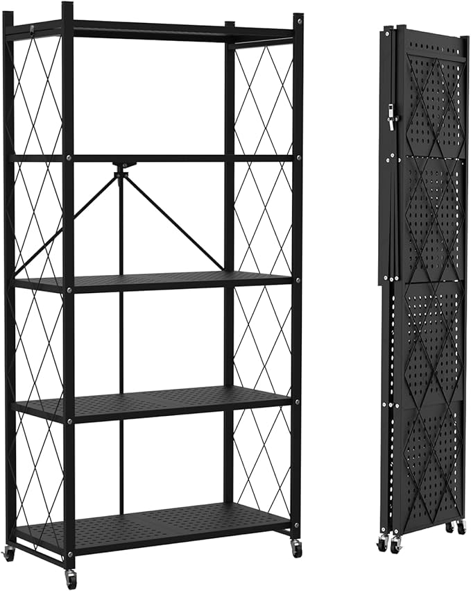 5-Tier Foldable Storage Shelf with Wheels | Metal Rack Collapsible Shelving Display | Rolling Cart for Books Kitchen Storage Shelves | Pantry & Closet Organizer | Office Room Decor