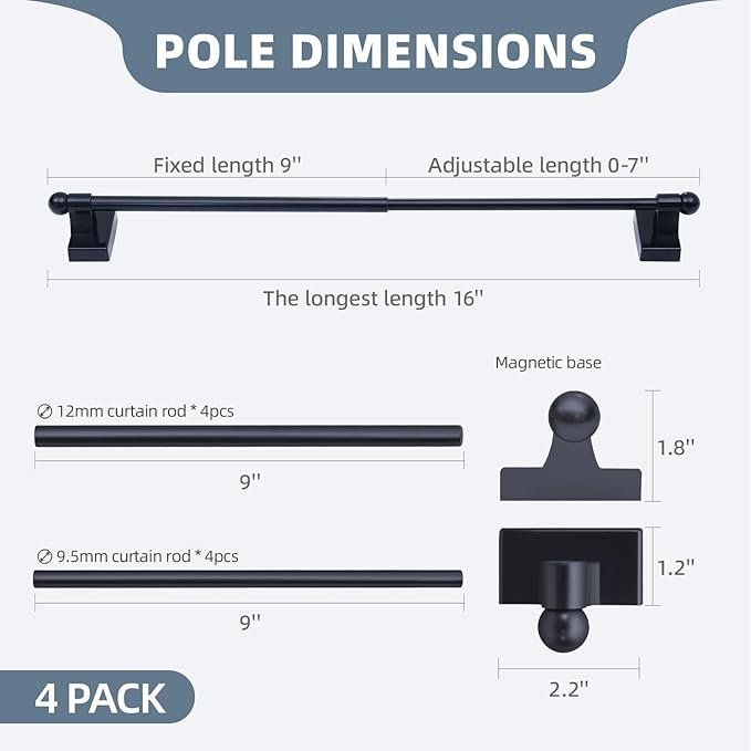 Adjustable Magnetic Rods for Metal Appliance, Doors, Windows, 9 to 16 Inch/4 Pack/Easy Installation Toilet Towel Bar, Muti-Useful (Black, 4pack)