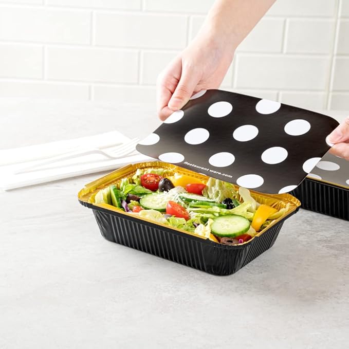 Restaurantware 16 Ounce Disposable Takeout Containers 50 Rectangle Food Containers - With Polka Dot Lids Black And Gold Takeaway Containers Aluminum Delivery Containers Freezable