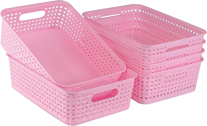 6-Pack Plastic Small Shelf Storage Weave Baskets, Multi-Purpose Pink Open Containers for Shelving Pantry Cabinet Small Stackable Storage Bins for Organizing