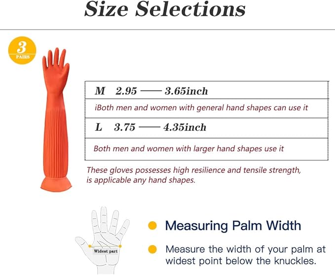 3 Pairs Household Extra Long Kitchen Gloves for Washing Dishes，20.05inches Rubber Cleaning Gloves，Reusable Latex Living Wash Gloves，Long Sleeves(Large, Red)