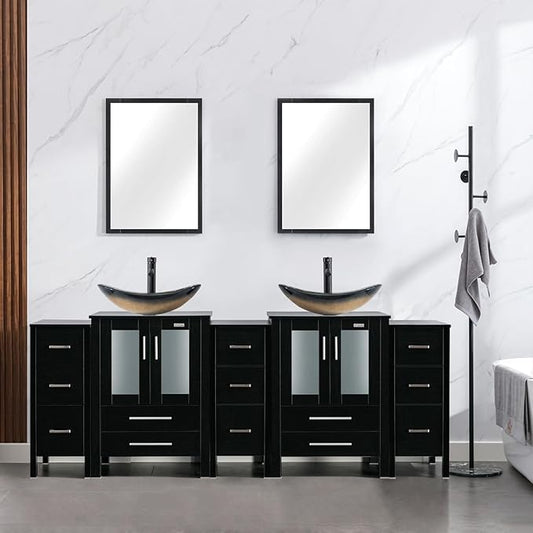 eclife 84" Modern Bathroom Vanity Sink Combo Freestanding Cabinet with Small Side Cabinet, Champagne Boat Glass Vessel Sink, Water Save Faucet, Drain (Black+A29CH)