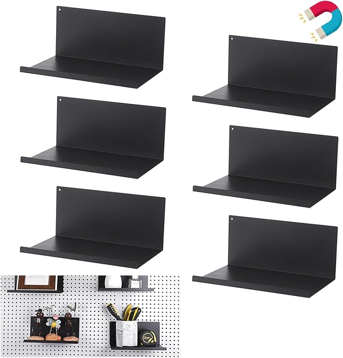 Kokone Magnetic Pegboard Shelves 6 Pack Small Pegboard Shelf for Garage Sturdy Steel Pegboard Accessories for Storing or Displaying Versatile Peg Board Shelf for Workbench,Craft Room,Home,Black