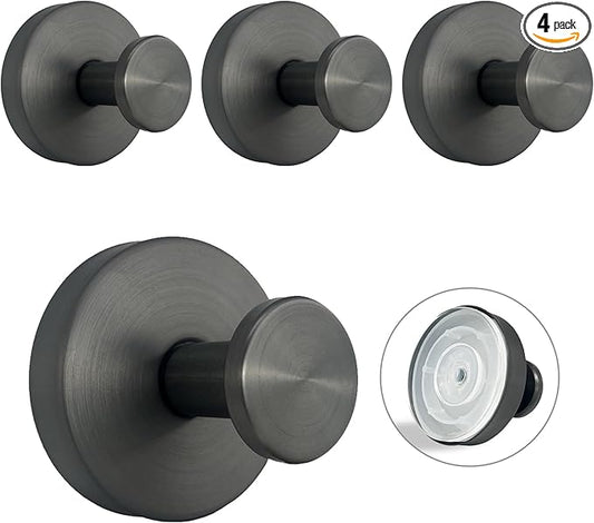 Suction Cup Hooks for Shower - 4 Pack, Gray - Stainless Steel, Strong Suction, No Drill, Removable Hanger, Tile Bathroom Kitchen Wall, Glass Door, Mirror Hook Hanging Robe, Towel Holder