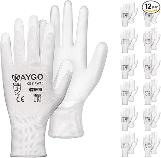 KAYGO Work Gloves for Men and Women, 12 Pairs Seamless Knit PU Coated Safety Gloves, with Smooth Grip on Palm and Fingers, Ideal for Light Warehouse, Manufacturing, Gardening, KG11P (XL, White)