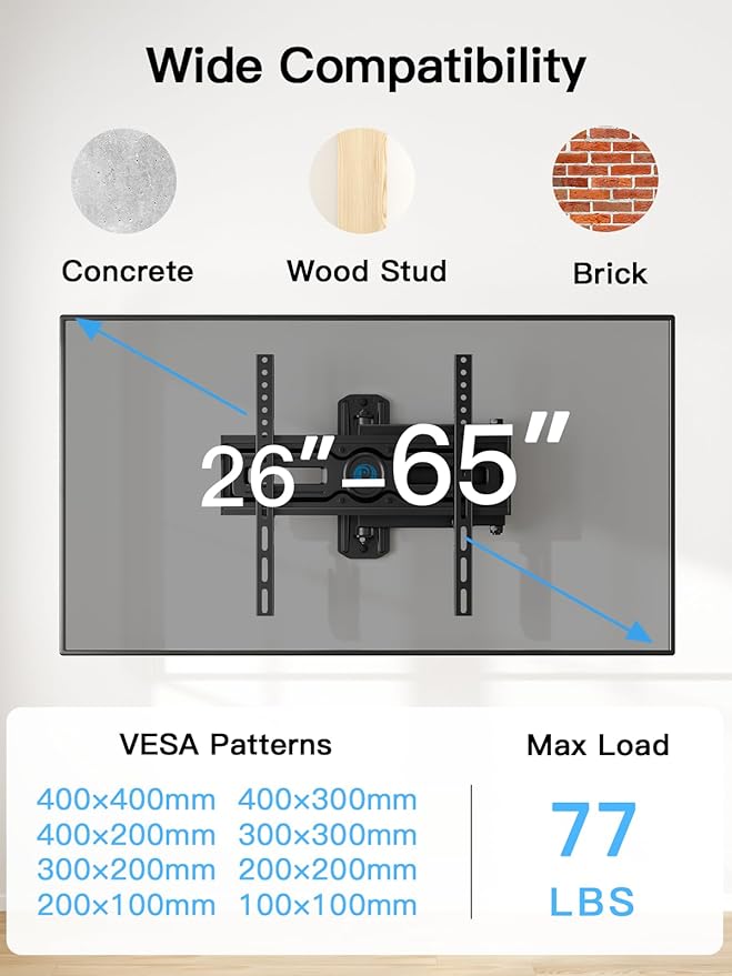 Pipishell Full Motion TV Wall Mount for Most 26-65 inch Flat & Curved TVs up to 77 lbs, Adjustable Bracket Height, Corner TV Mount with Single Articulating Arm, Max VESA 400x400mm, PIMF9