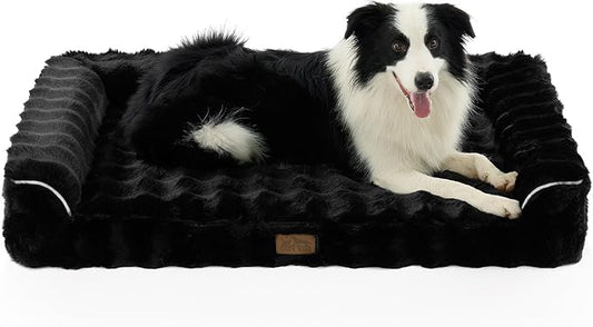 Faux Fur Orthopedic Dog Bed, Large Dog Bed, Supportive Foam Pet Sofa with Waterproof Lining Cover, Washable U-Shaped Pet Couch with Anti-Slip Bottom Design, Black XL 42x30x7 inch