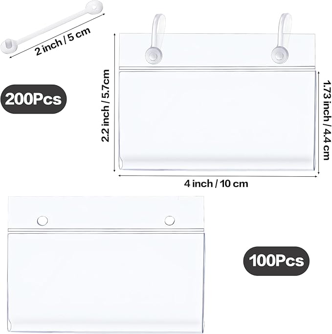 100 Packs Plastic Basket Label Holder, 4 x 2.2 Inch Wire Shelf Ticket Holder with Double Snap Lock Closure, Reusable Price Tag Holder for Supermarket, Pantry, Warehouses, Retail Shop