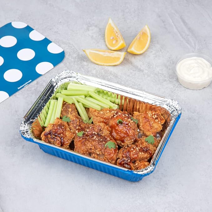 Restaurantware-16 Ounce Disposable Takeout Containers, 50 Rectangle Food Containers - With Polka Dot Lids, Blue Takeaway Container, Aluminum Delivery Container, Freezable