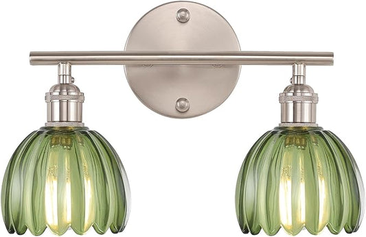Bathroom Light Fixtures, 2-Light Vanity Wall Light Over Mirror with Green Tulip Glass Shade for Bedroom Living Room (Bulb Not Included), Satin Nickel