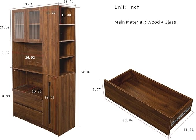 KEIKI 70.87" Tall Kitchen Pantry Storage Cabinet with Multi-Functional Pull-Out Shelf, Side Shelves, 2 Drawers, Glass Doors & Microwave Stand, Wood Hutch Food Pantries Cupboard for Dining Room