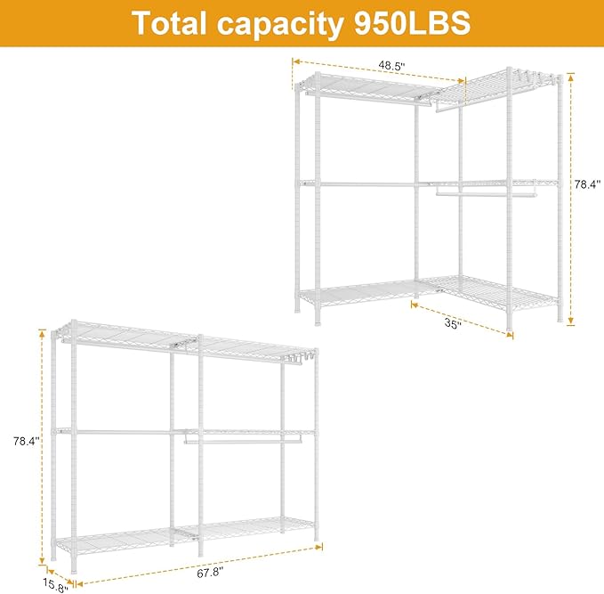 E15 Plus Garment Rack L Shaped Clothes Rack for Corner，Freestanding Clothing Racks for Hanging Clothes，Heavy Duty Closet System with 4 Hanging Rods & 8 S Hooks，48.5" W x 35" D x 78.4" H，White