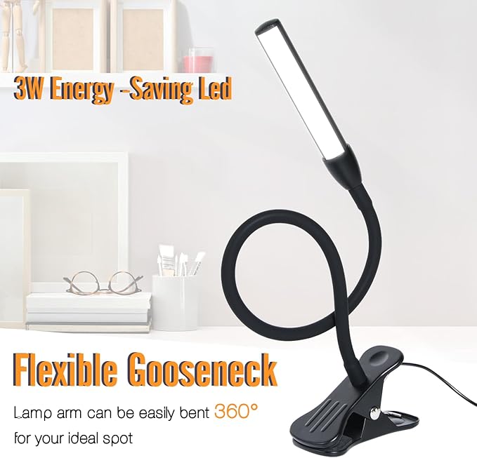 Clip on Reading Lamp, Clip Light, Warm & Daylight & White Light 3 Colors, Eye-Care Clamp Lamp with 10 Dimmable Illumination Modes