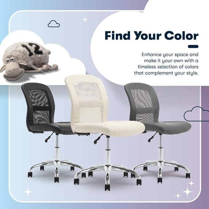 Serta Essential Armless Task Chair, Small Desk Chairs with Wheels, Breathable Mesh Back and Faux Leather, Quality Foam Cushion Seat for Comfort, Minimal Design for Vanity Table, Cream