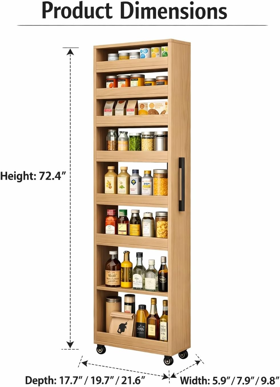 7 Tier Slim Rolling Storage Cart with Wheels, Narrow Storage Cabinet for Small Spaces, Mobile Spice Rack Organizer for Kitchen, Pantry, Baking Room, Dining Room(Wood,7.9"x19.7"x72.4")