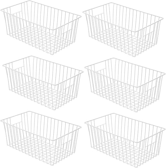 Freezer Baskets Organizer, Refrigerator Metal Wire Storage Divider, Household Container Bins with Handles for Kitchen, Pantry, Cabinet, Closets - Pearl White (6, 16in x 10in x 5.5in)
