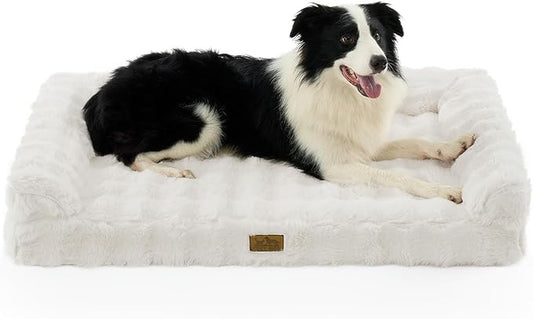 Faux Fur Orthopedic Dog Bed, Large Dog Bed, Supportive Foam Pet Sofa with Waterproof Lining Cover, Washable U-Shaped Pet Couch with Anti-Slip Bottom Design, Beige XL 42x30x7 inch