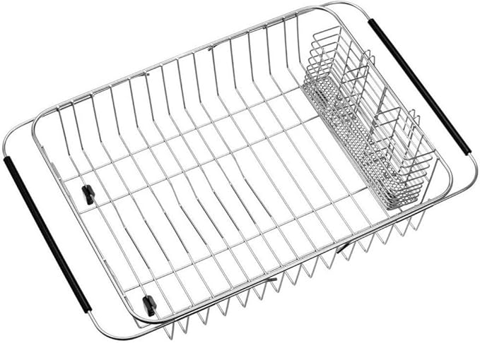 SANNO Expandable Pull Out Drawer Organizer and Storage, Cabinet Pots Pans Organizer Sliding Shelf Under Sink Shelf Dish Drying Rack with Stainless Steel Utensil Holder Large Dish Rack Drainer