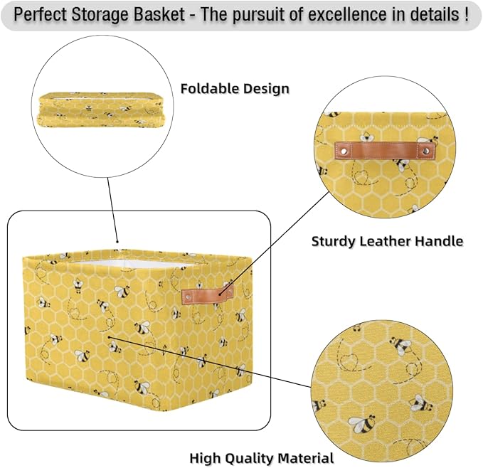 2Pack Yellow with Bees Large Collapsible Storage Bins,Honey Honeycombs Decorative Canvas Fabric Storage Boxes Organizer with Handles,Rectangular Shelves Baskets Box for Home Office Nursery Closet