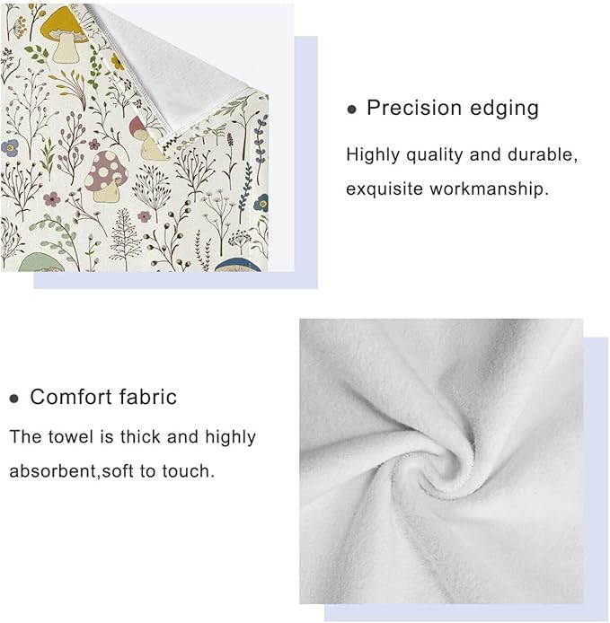 Boho Mushroom Bath Towels Set, 3 Piece Absorbent Microfiber Spring Colorful Wildflower Plant Set (1 Bath, 1 Hand, 1 Washcloth), Decorative for Bathroom, Hair, Face