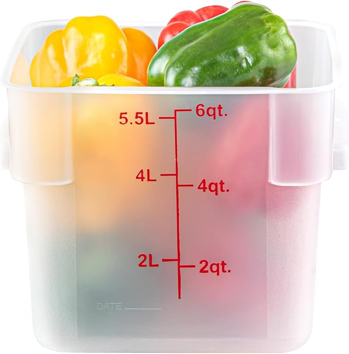 Restaurantware Food Storage Container 10 Pack of 6 qt Plastic Kitchen Storage Bin with Volume Markers Space-Efficient Design Dishwasher-Safe Polypropylene Translucent