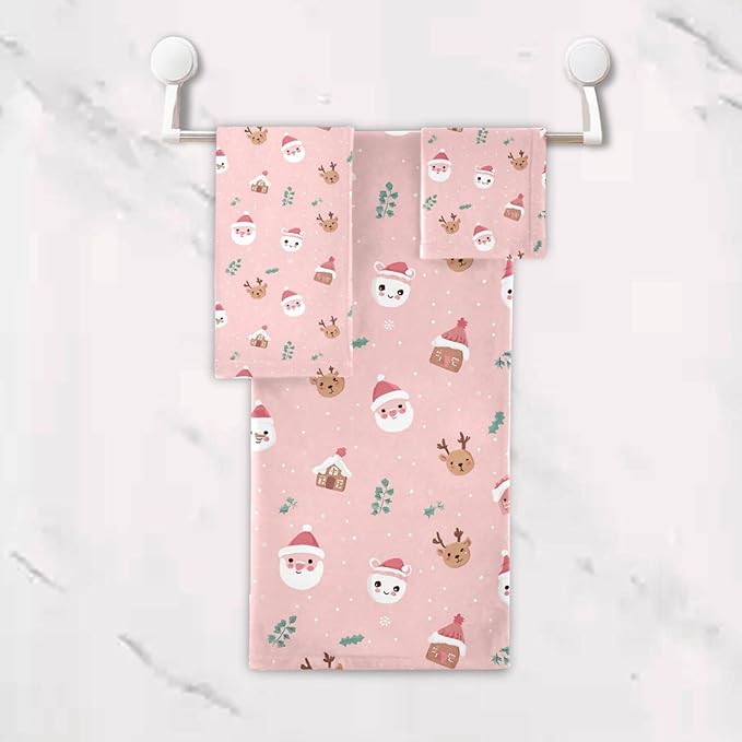 Christmas Winter Towels Set of 3 Christmas Symbol with Pink Bathroom Towel Soft Absorbent Bath Hand Towels Washcloth Guest Towel Sets Xmas Holiday Decor