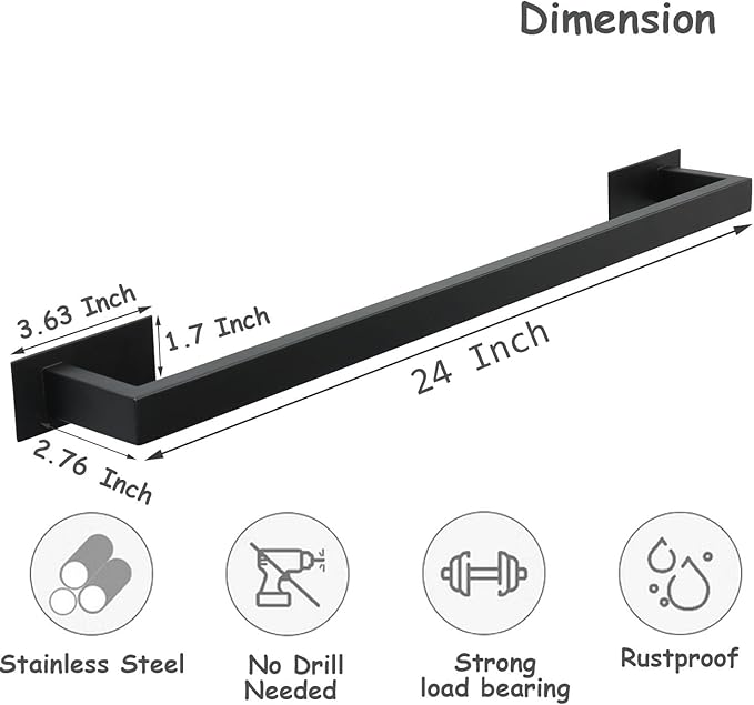 Bathroom Towel Bar Self Adhesive, No Drilling Towel Rack Easy to Install, Hand Towel Holder Made of Premium Stainless Steel Sticky on Hand Towel Hanger for Kitchen, Toilet.(24IN, Black)